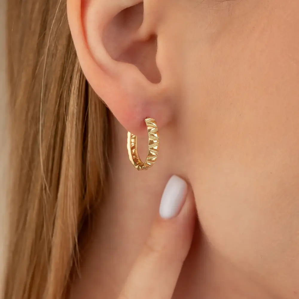 14K Gold Engraved Hoop Earrings Handcrafted Geometric Textured Design Jewelry for Her - Hoop Earrings