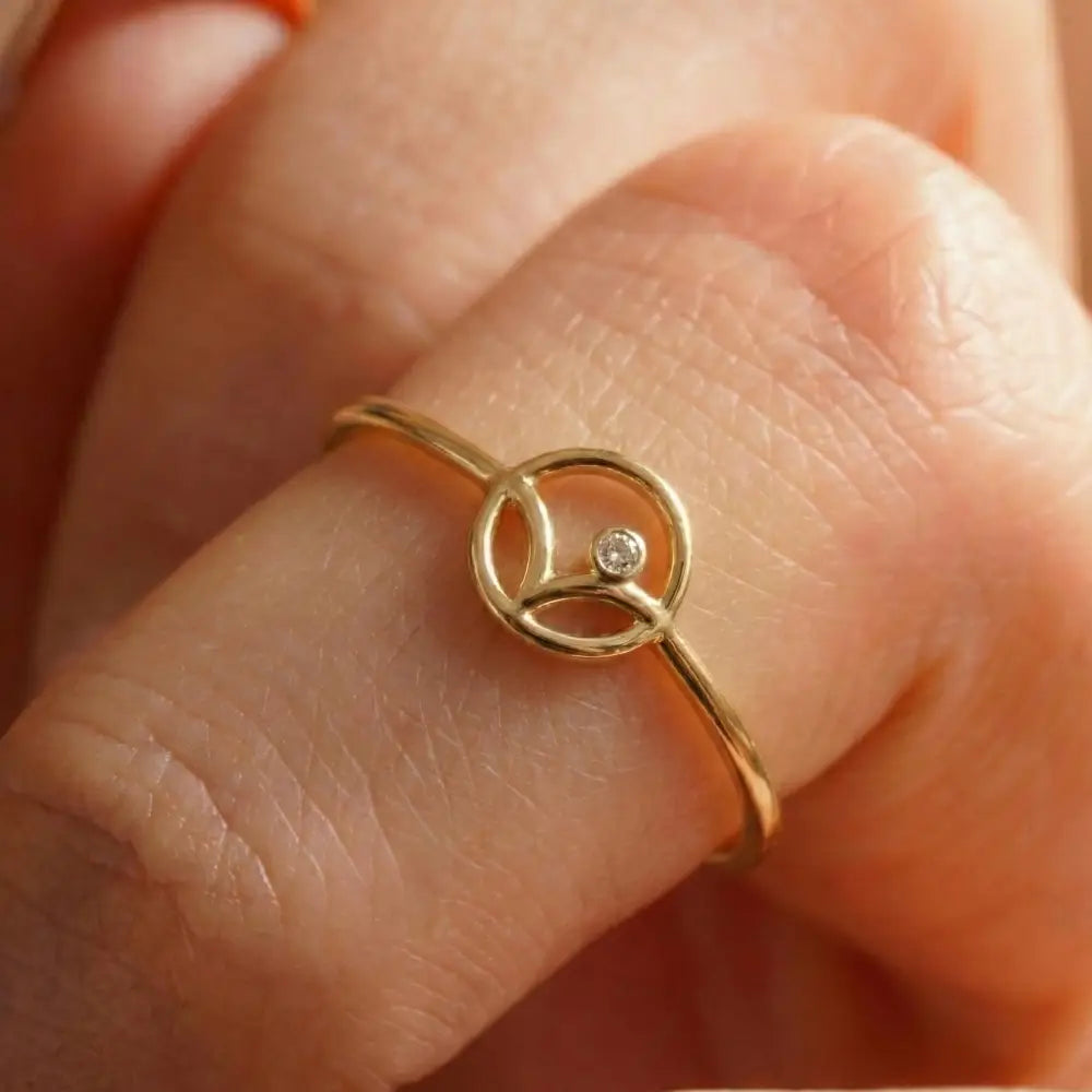 14K Gold Floral CZ Stone Ring Simple Elegant Design Adjustable Band for Women