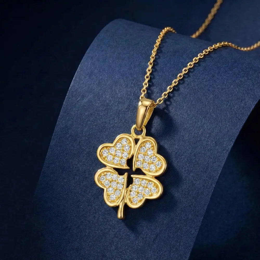 14K Gold Four Leaf Clover Necklace Heart CZ Stone Twisted Rope Band Luck Pendant