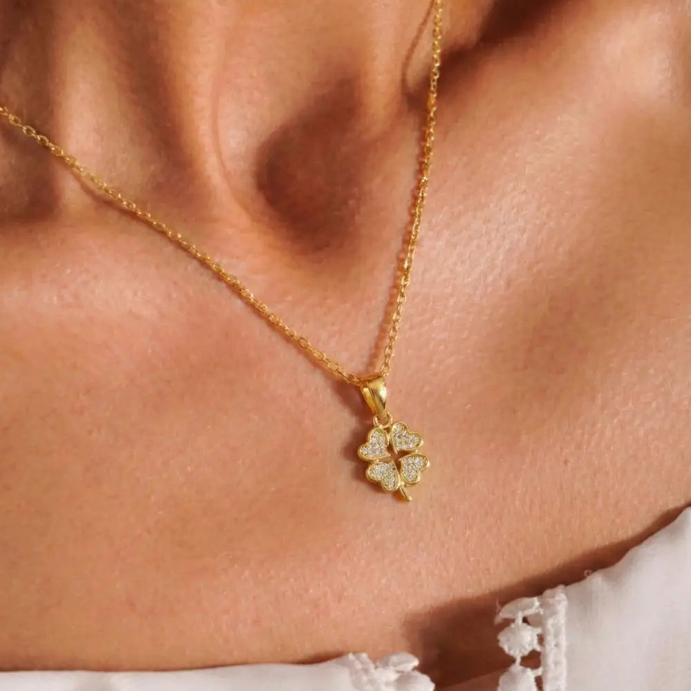 14K Gold Four Leaf Clover Necklace Heart CZ Stone Twisted Rope Band Luck Pendant