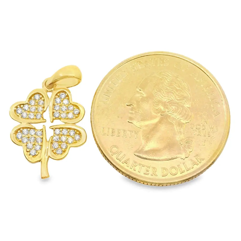 14K Gold Four Leaf Clover Necklace Heart CZ Stone Twisted Rope Band Luck Pendant
