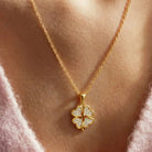 14K Gold Four Leaf Clover Necklace Heart CZ Stone Twisted Rope Band Luck Pendant
