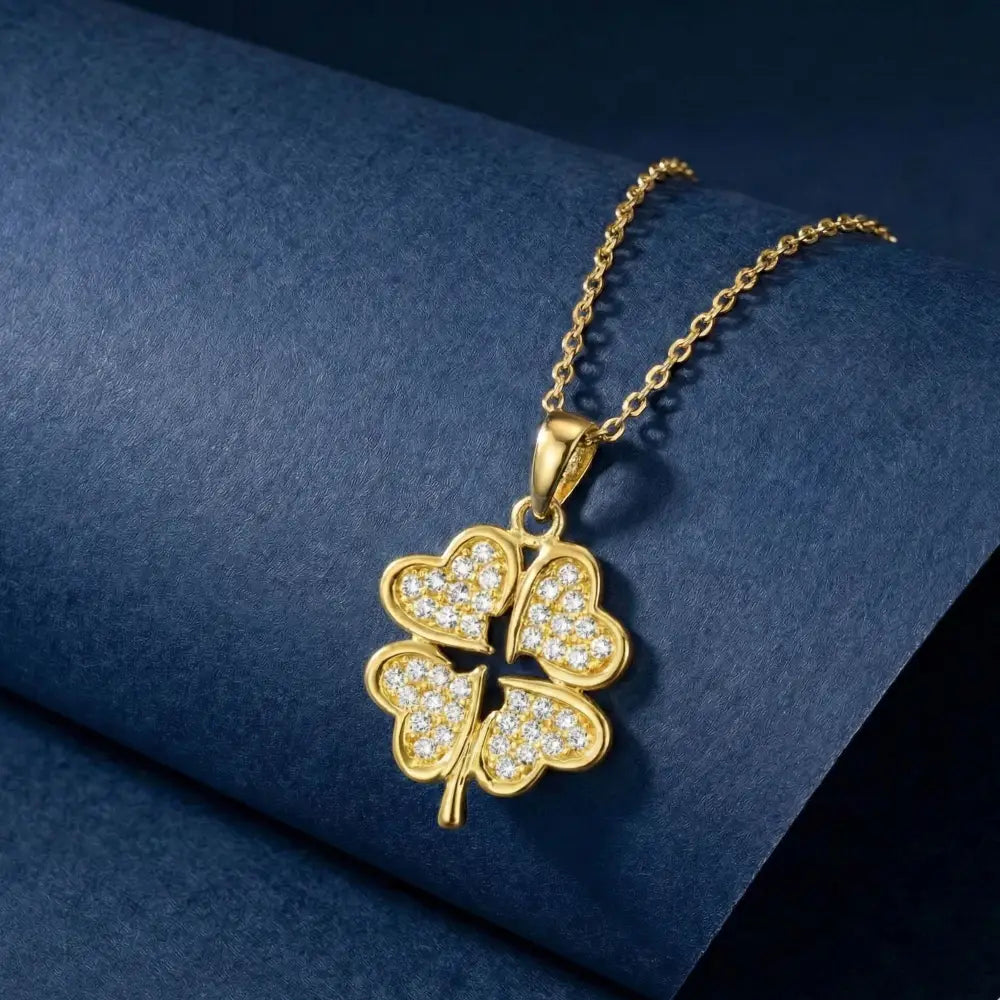 14K Gold Four Leaf Clover Necklace Heart CZ Stone Twisted Rope Band Luck Pendant