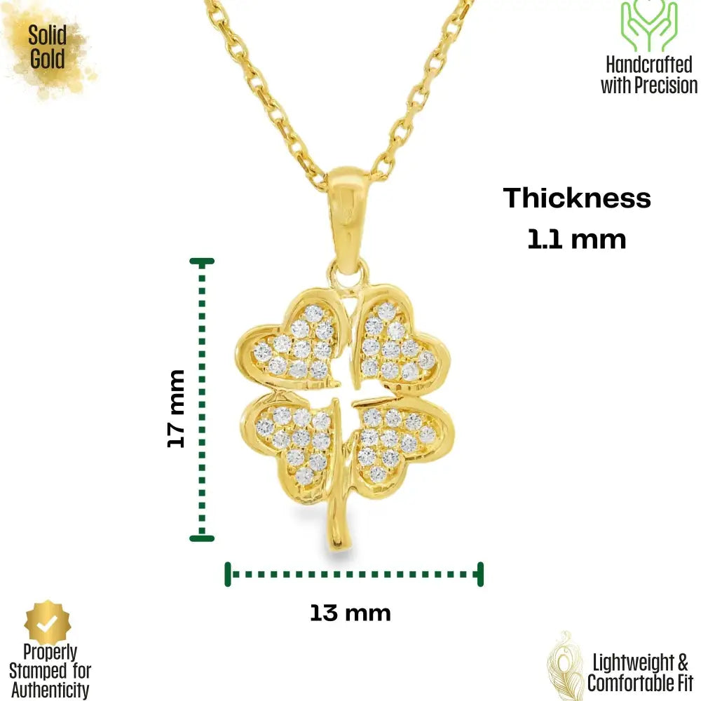 14K Gold Four Leaf Clover Necklace Heart CZ Stone Twisted Rope Band Luck Pendant