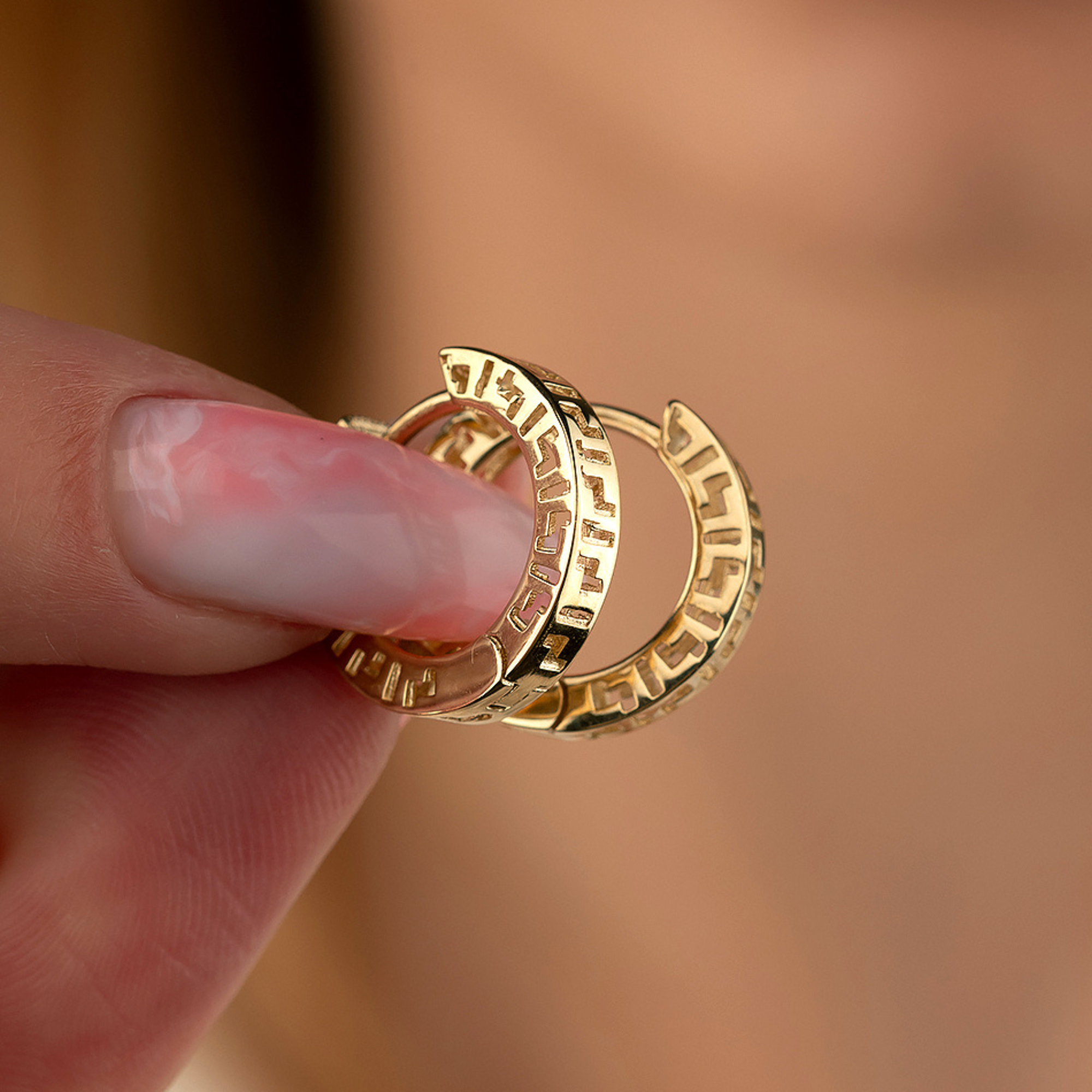 14K Gold Greek Key Hoop Earrings – 16mm Wide Infinity Huggies - Hoop Earrings