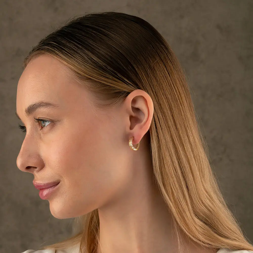 14K Gold Greek Key Hoop Earrings – 16mm Wide Infinity Huggies - Hoop Earrings