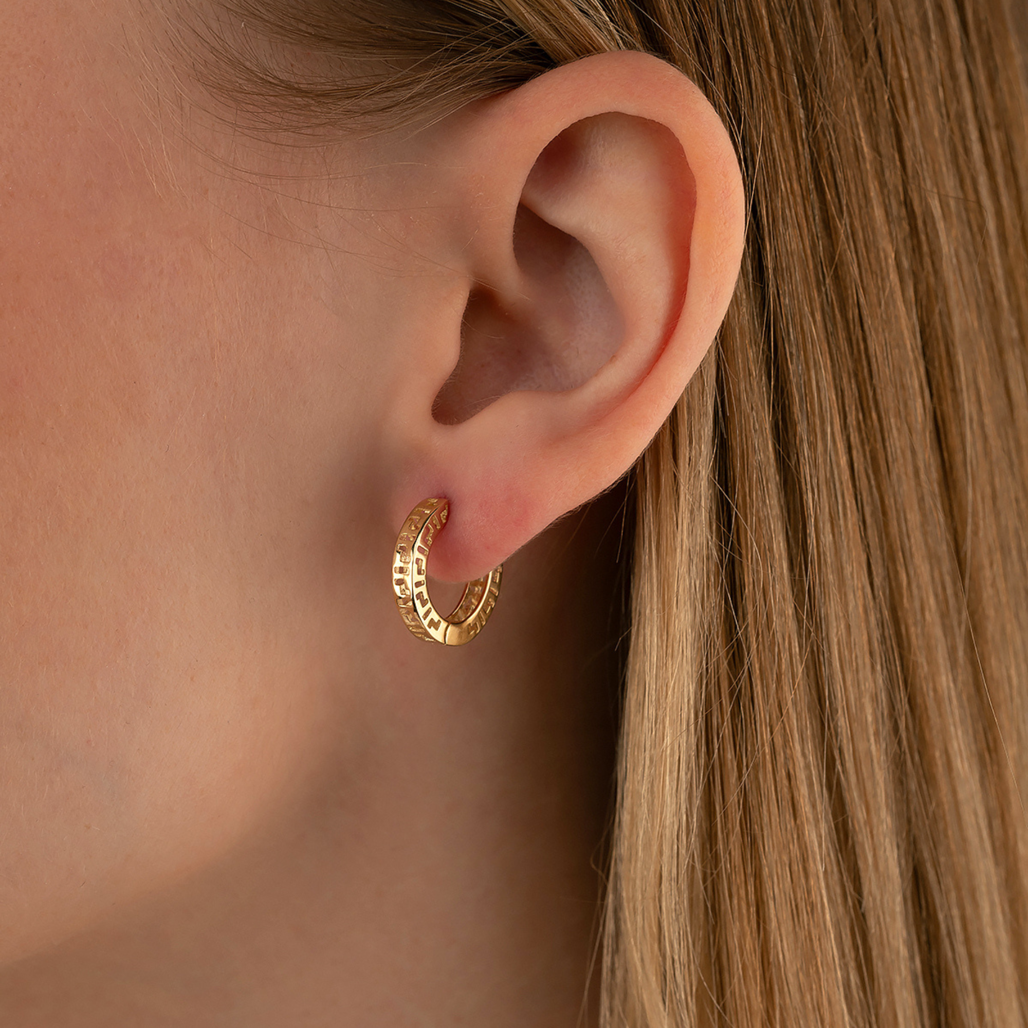 14K Gold Greek Key Hoop Earrings – 16mm Wide Infinity Huggies - Hoop Earrings