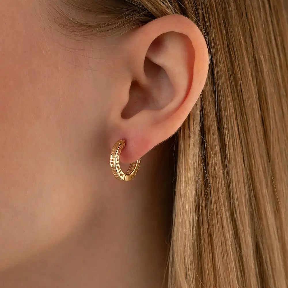 14K Gold Greek Key Hoop Earrings – 16mm Wide Infinity Huggies - Hoop Earrings