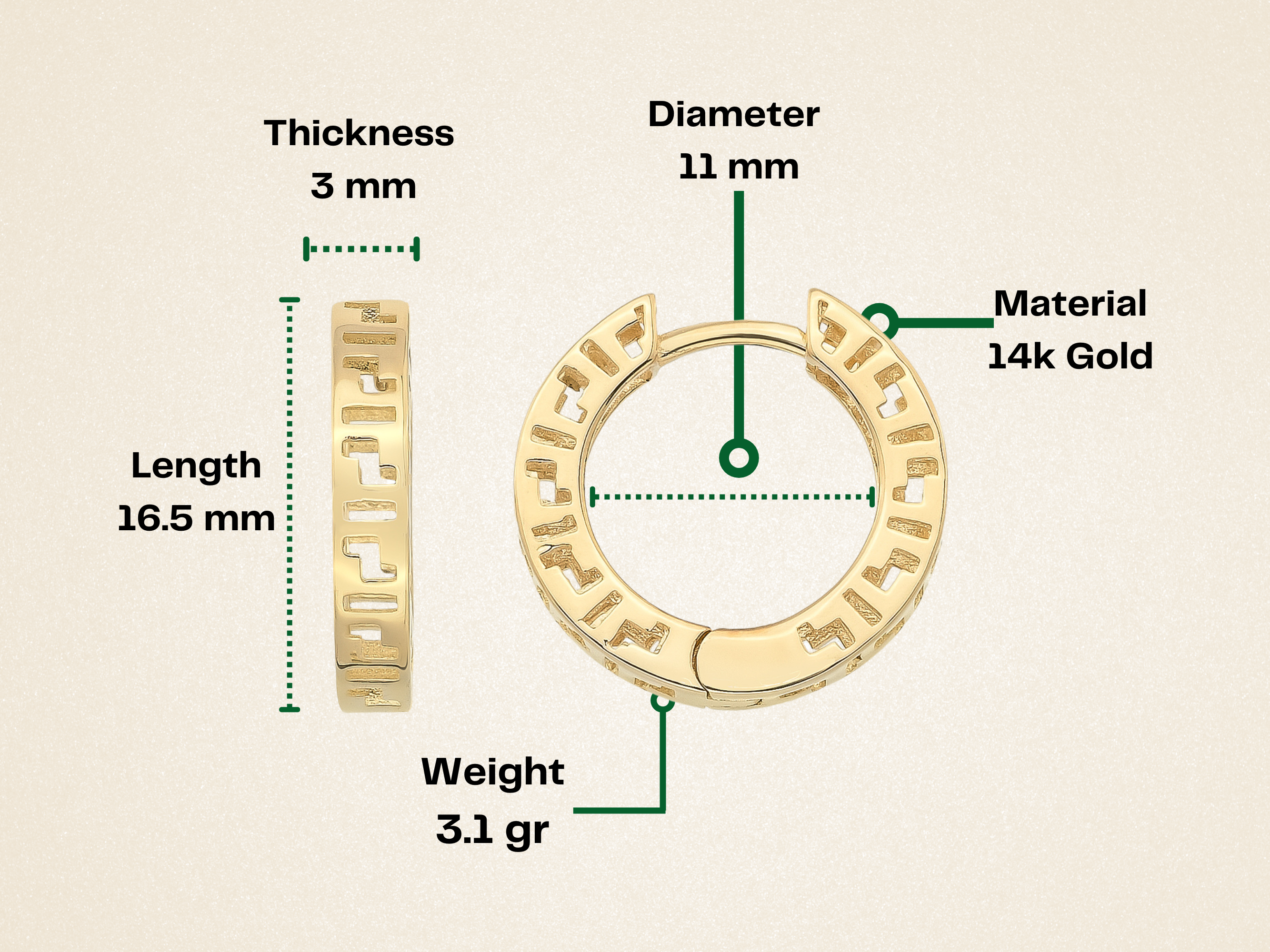 14K Gold Greek Key Hoop Earrings – 16mm Wide Infinity Huggies - Hoop Earrings