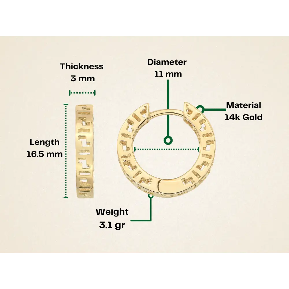 14K Gold Greek Key Hoop Earrings – 16mm Wide Infinity Huggies - Hoop Earrings