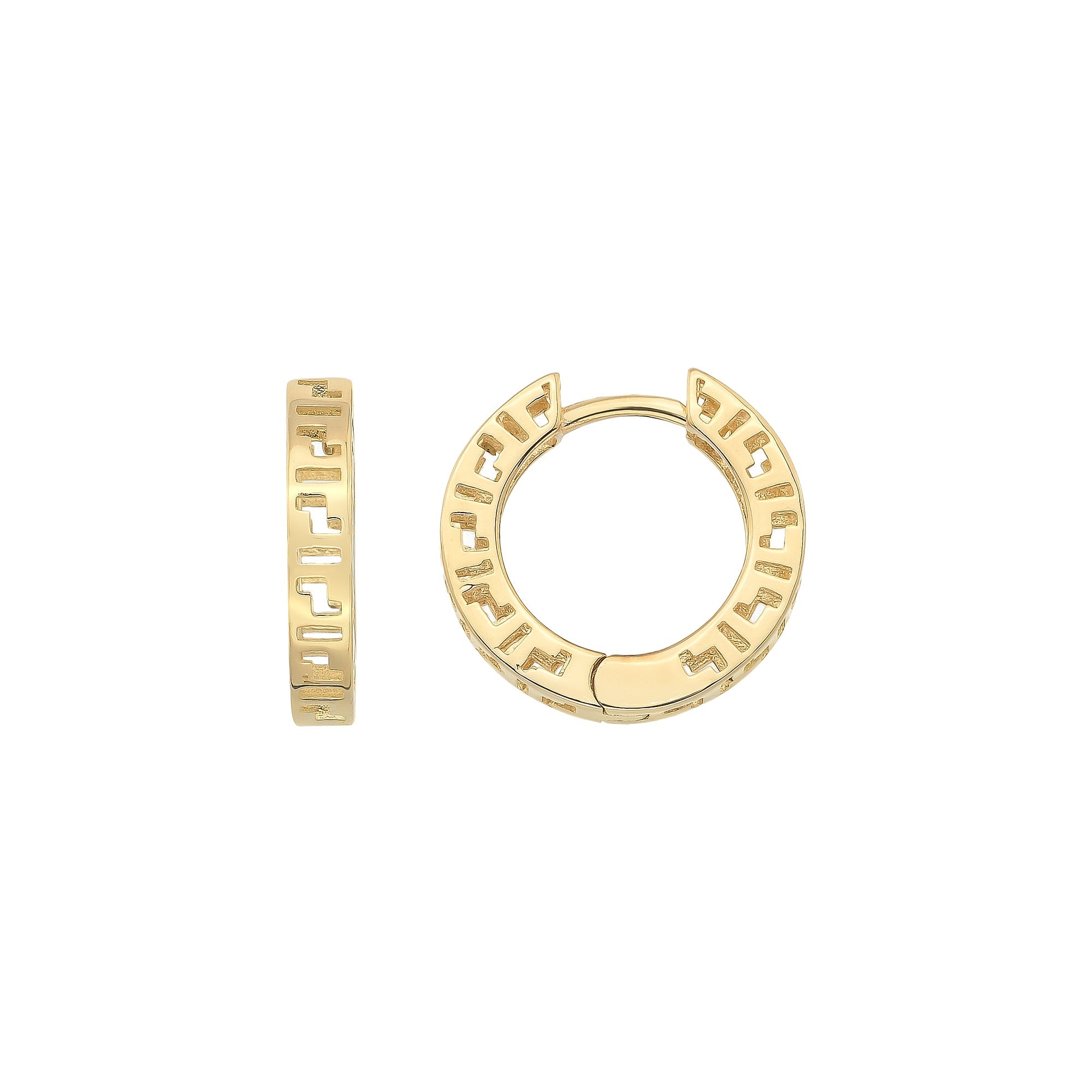14K Gold Greek Key Hoop Earrings – 16mm Wide Infinity Huggies - Single (1 Earring) / 14K Yellow Gold - Hoop Earrings