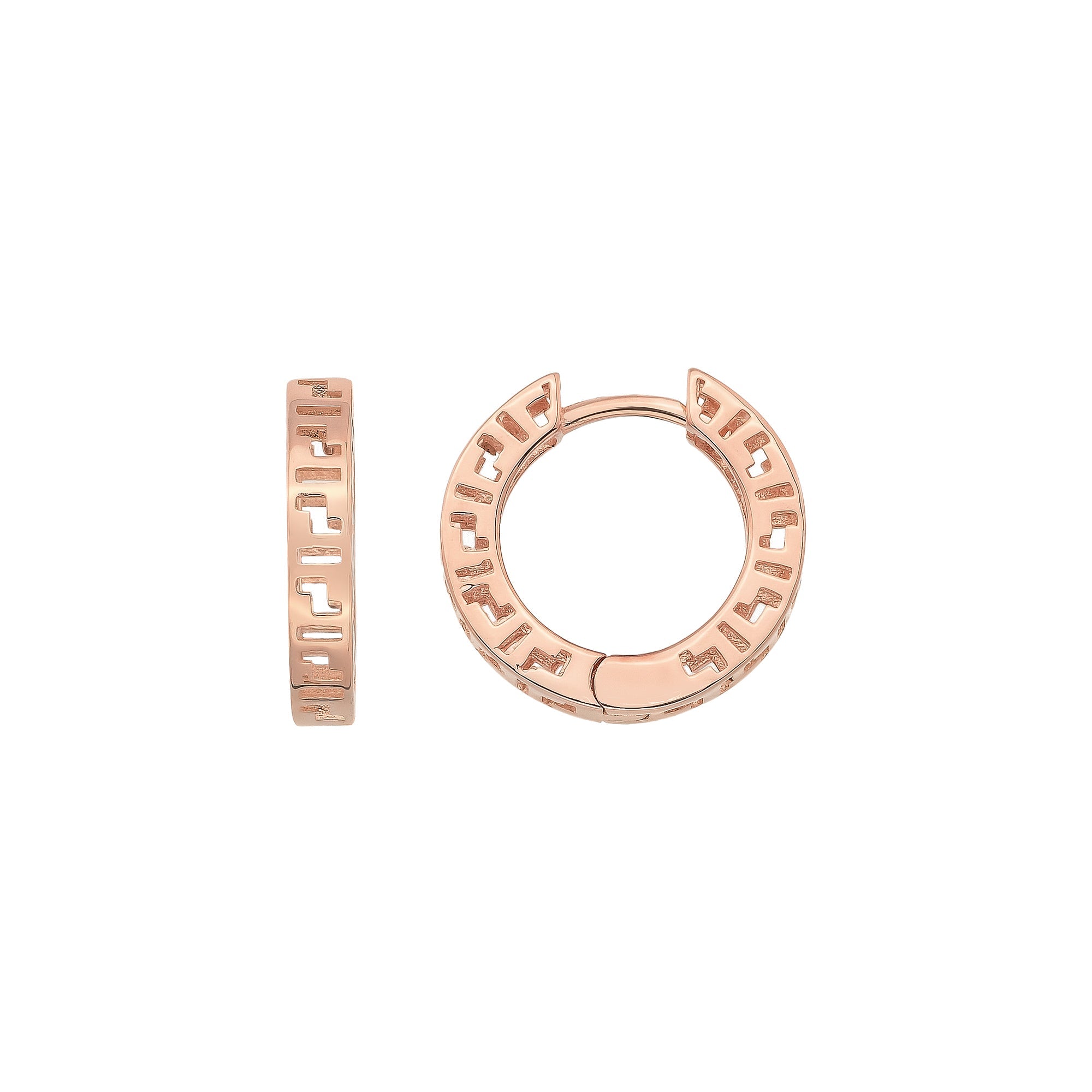 14K Gold Greek Key Hoop Earrings – 16mm Wide Infinity Huggies - Single (1 Earring) / 14K Rose Gold - Hoop Earrings