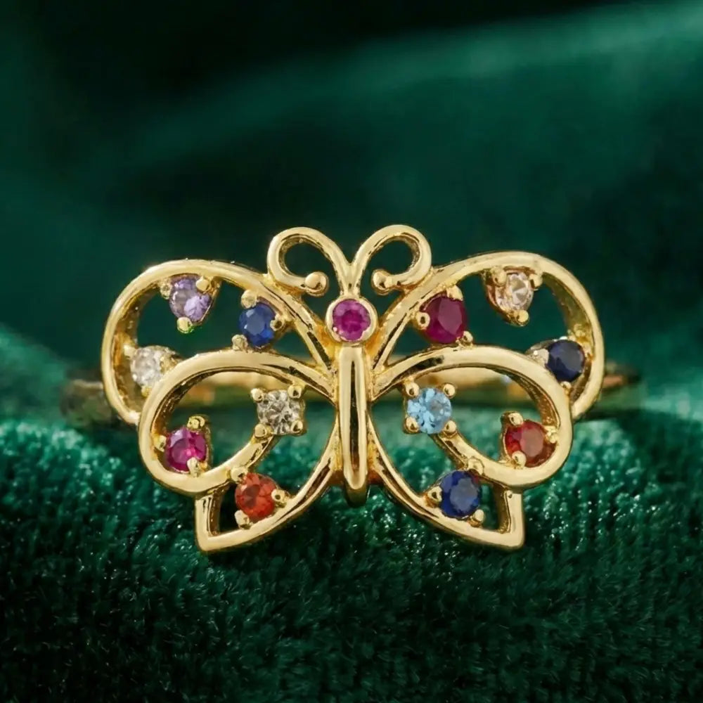 14K Gold Handmade Butterfly Ring Multicolor Gemstone Nature Design Elegant Fine Jewelry Ring