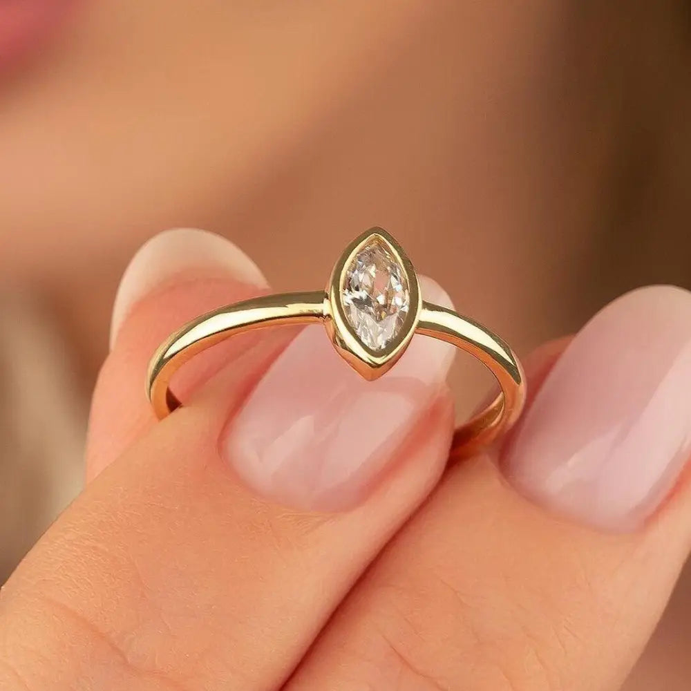 14K Gold Marquise Cut CZ Engagement Ring Bezel Set