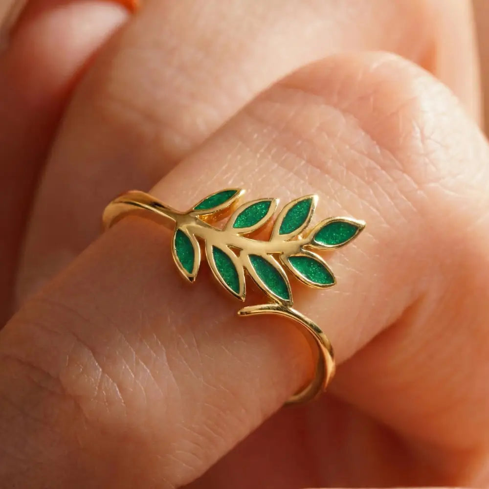 14K Gold Olive Leaf Ring Green Branch Nature Inspired Minimal Jewelry for Women