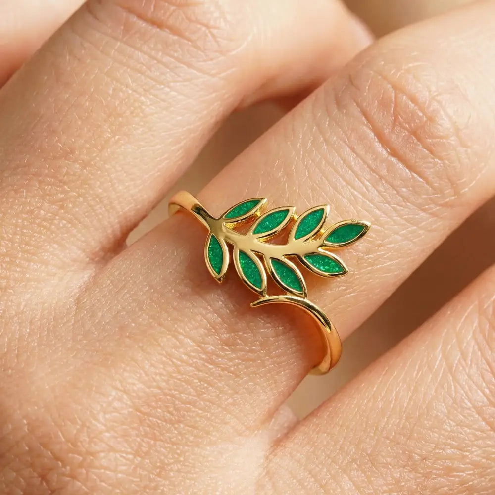 14K Gold Olive Leaf Ring Green Branch Nature Inspired Minimal Jewelry for Women
