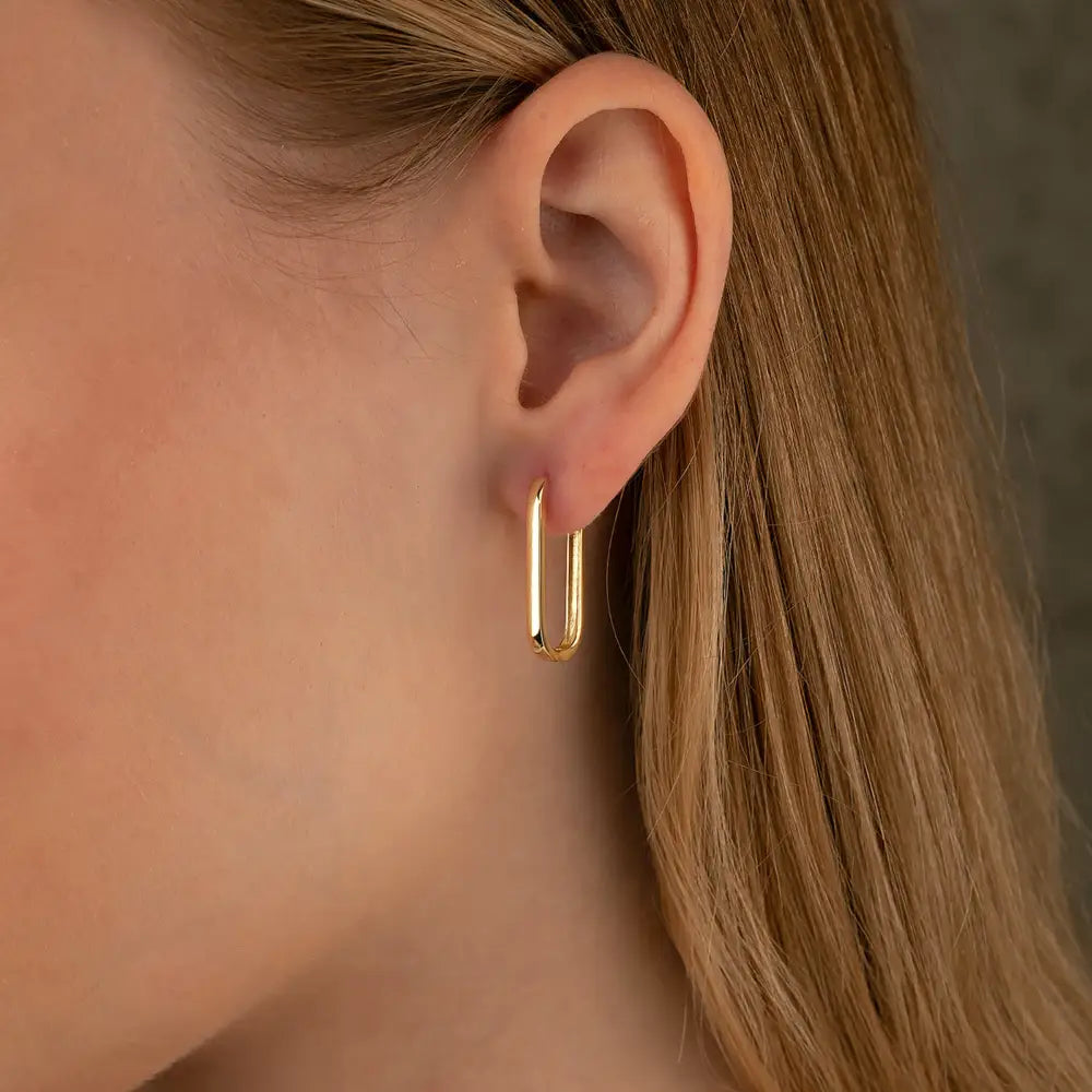 14K Gold Oval Hoop Earrings – Tiny Rectangular Huggies in 16mm 19mm 24mm - Hoop Earrings