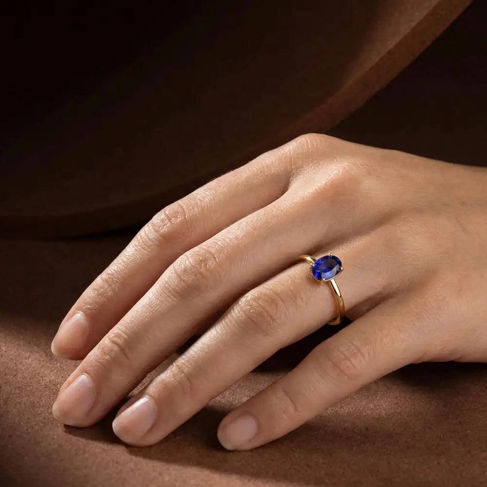 14K Gold Oval Sapphire Ring Deep Blue Solitaire Gem Handcrafted Minimalist Jewelry