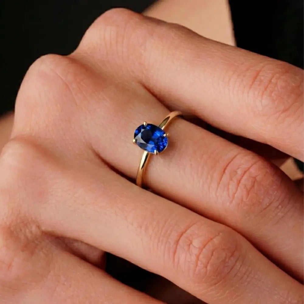 14K Gold Oval Sapphire Ring Deep Blue Solitaire Gem Handcrafted Minimalist Jewelry
