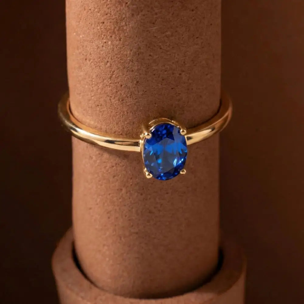 14K Gold Oval Sapphire Ring Deep Blue Solitaire Gem Handcrafted Minimalist Jewelry