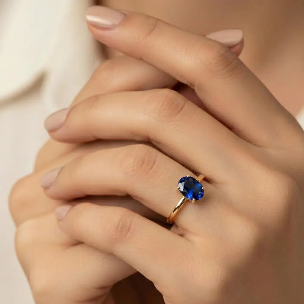 14K Gold Oval Sapphire Ring Deep Blue Solitaire Gem Handcrafted Minimalist Jewelry