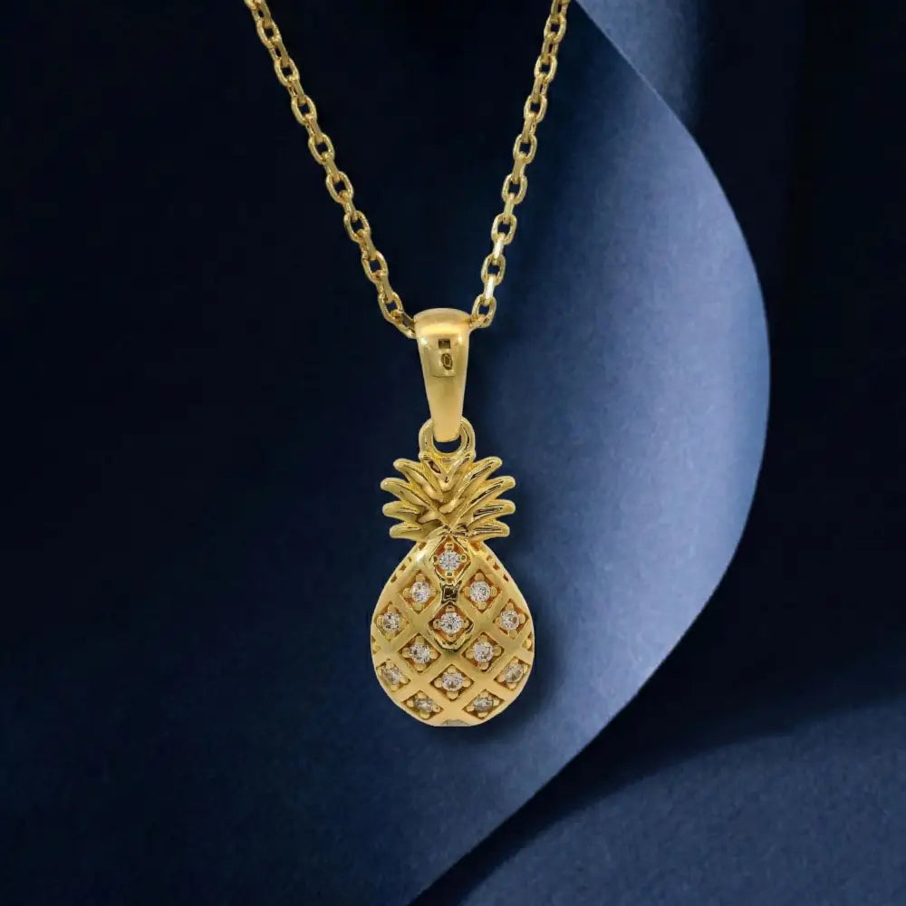 14K Gold Pineapple Pendant Necklace With Diamonds Unique Fruit Jewelry Handmade - Jewelry