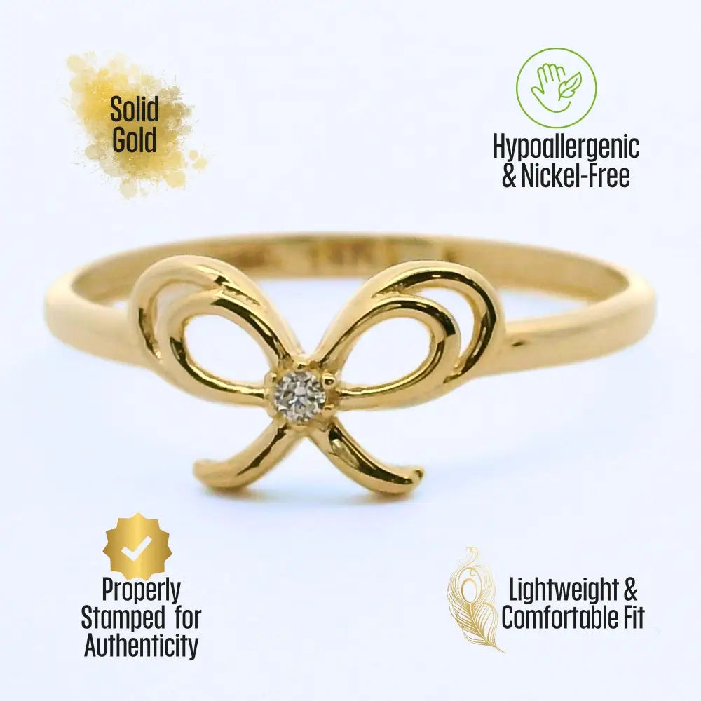 14K Gold Ribbon Ring Simulated Diamond Bow Ring
