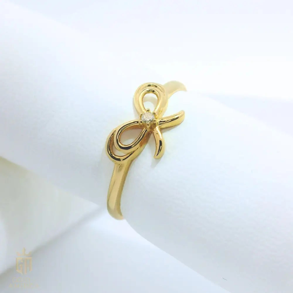 14K Gold Ribbon Ring Simulated Diamond Bow Ring