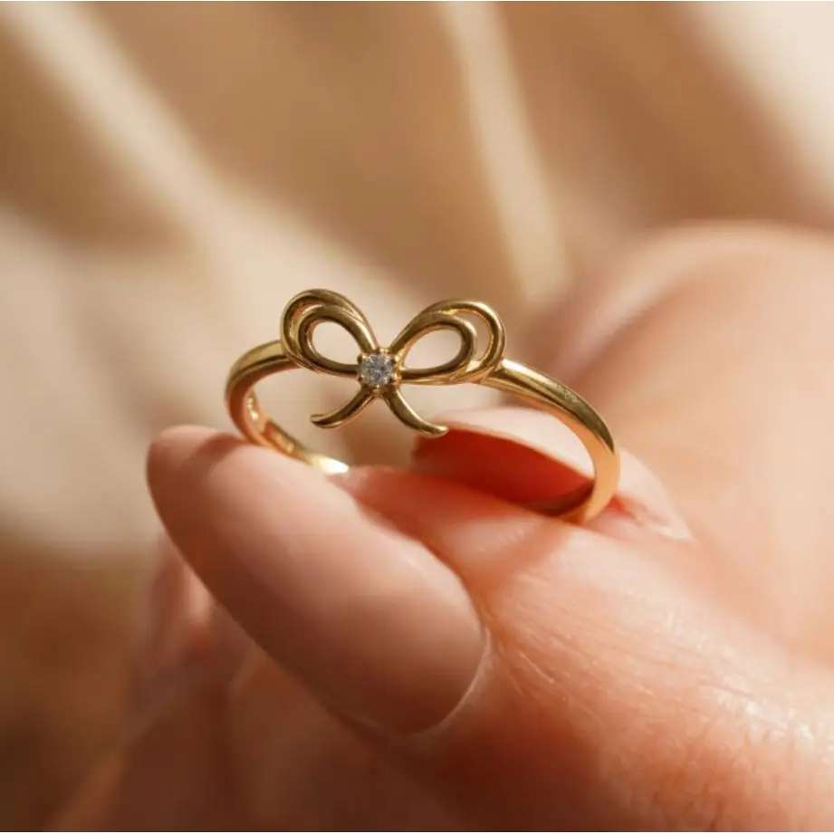 14K Gold Ribbon Ring Simulated Diamond Bow Ring