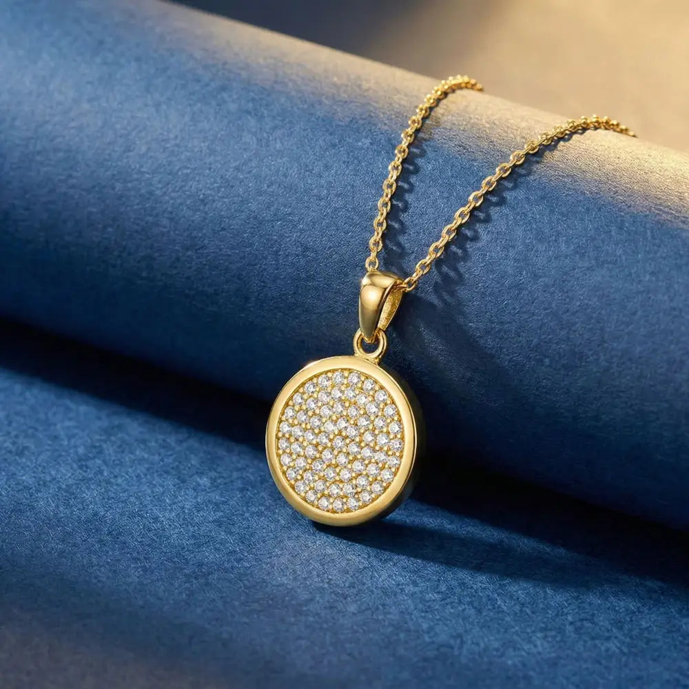 14K Gold Round Pavé CZ Stone Necklace Sparkling Circle Pendant Minimal Luxury Gold Jewelry - Pendants