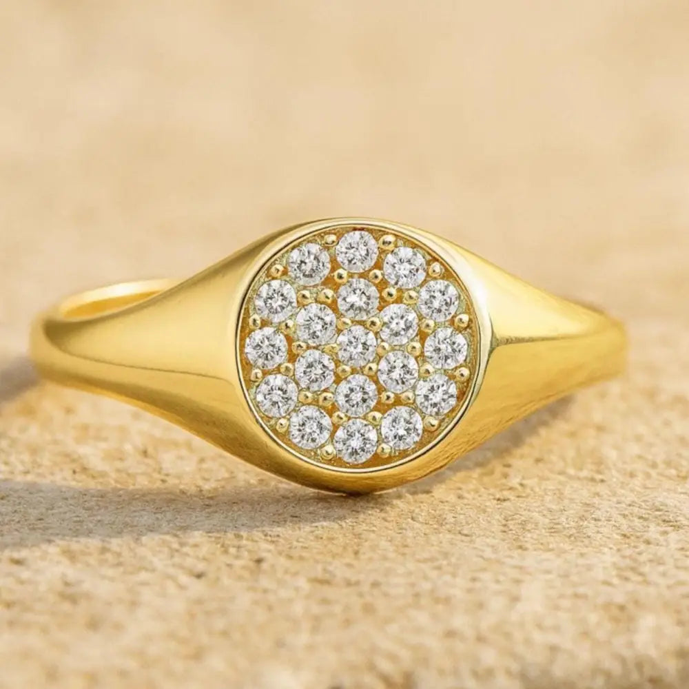 14K Gold Signet Ring Pavé Cubic Zirconia Diamond Flat Bar Ring for Women