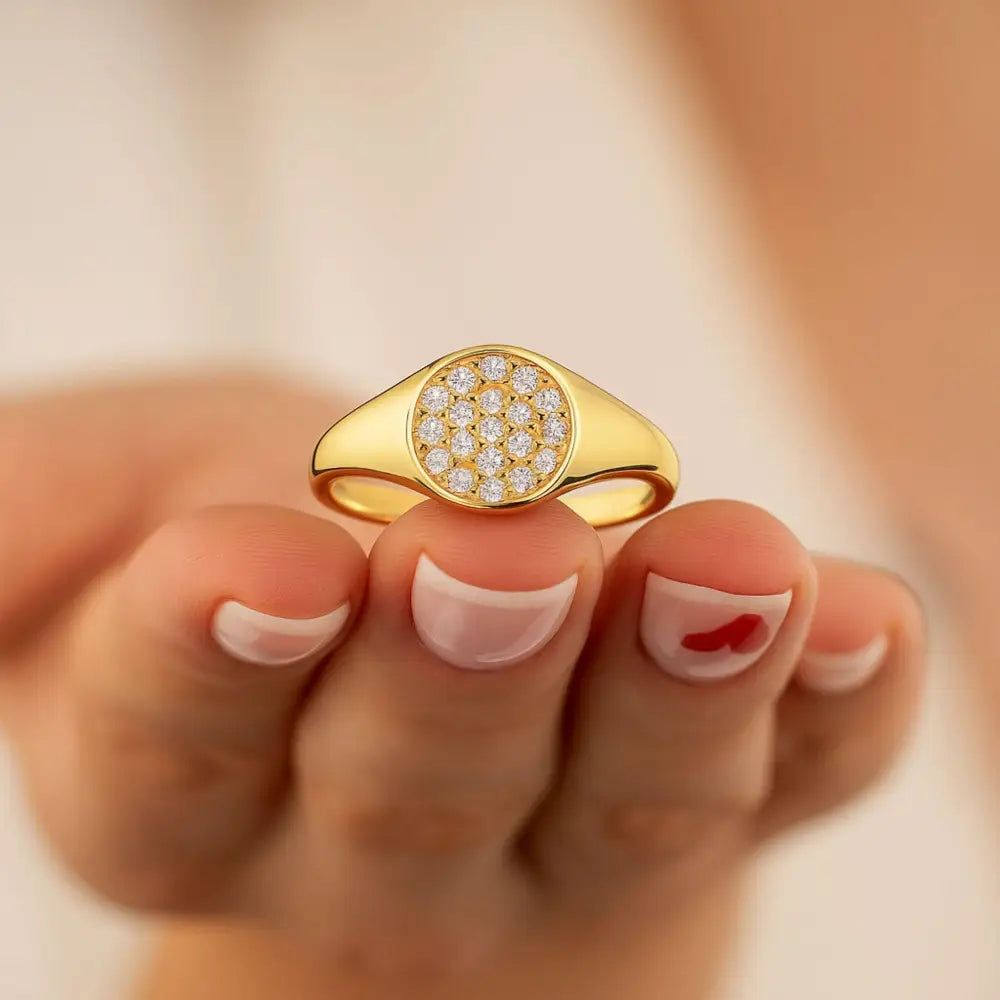 14K Gold Signet Ring Pavé Cubic Zirconia Diamond Flat Bar Ring for Women