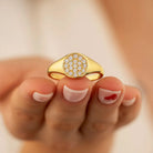 14K Gold Signet Ring Pavé Cubic Zirconia Diamond Flat Bar Ring for Women