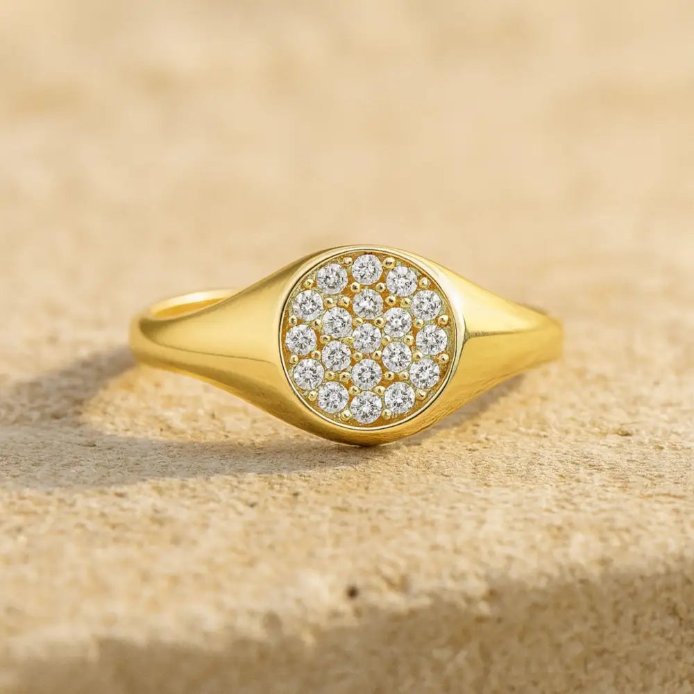 14K Gold Signet Ring Pavé Cubic Zirconia Diamond Flat Bar Ring for Women