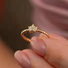 14K Gold Star Diamond Ring Handmade Beaded Band with Pave Star Elegant Jewelry