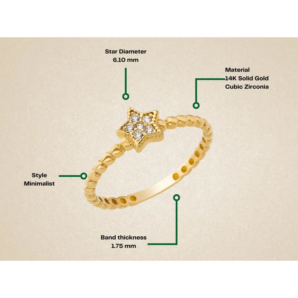 14K Gold Star Diamond Ring Handmade Beaded Band with Pave Star Elegant Jewelry