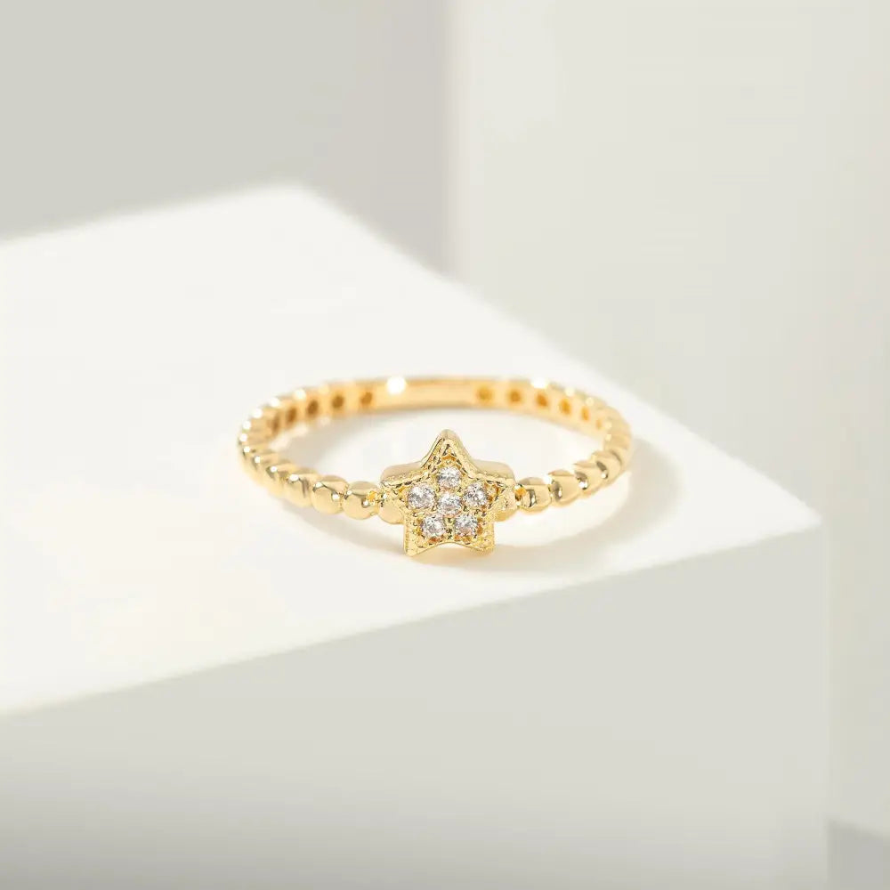 14K Gold Star Diamond Ring Handmade Beaded Band with Pave Star Elegant Jewelry