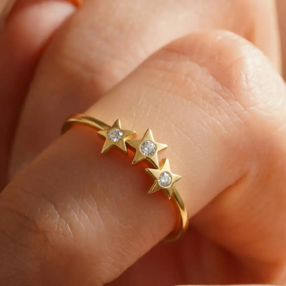 14K Gold Star Ring Three CZ Stone Accent Stars Elegant Adjustable Jewelry for Women