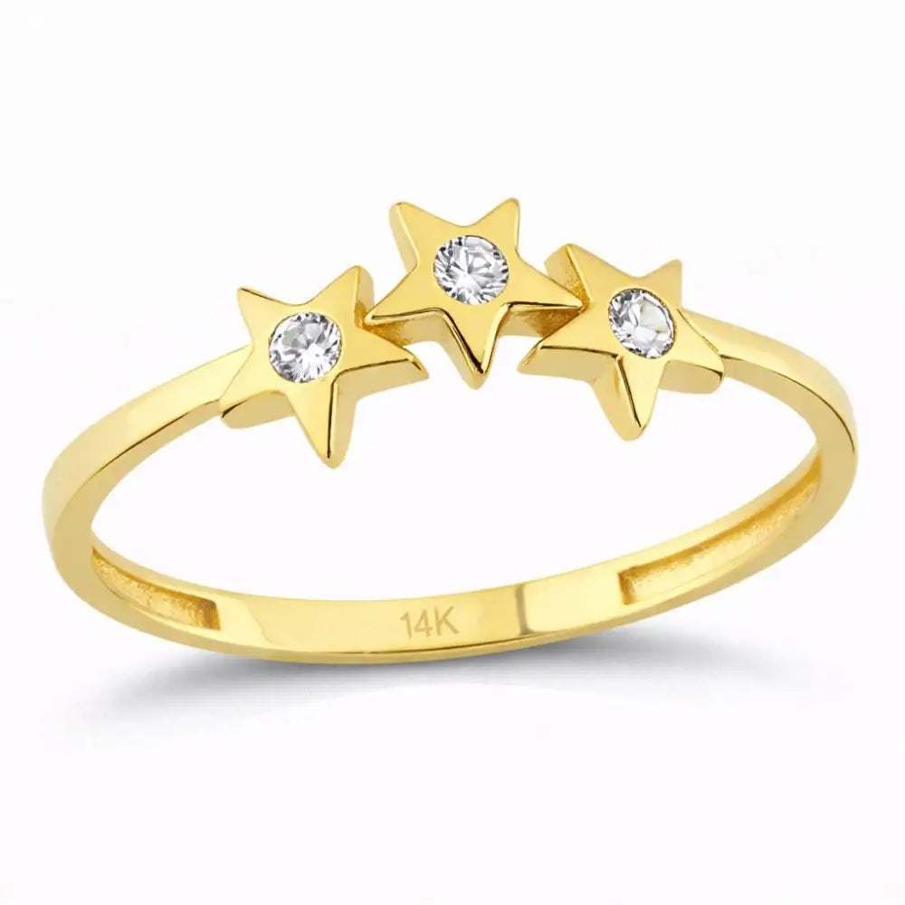 14K Gold Star Ring Three CZ Stone Accent Stars Elegant Adjustable Jewelry for Women