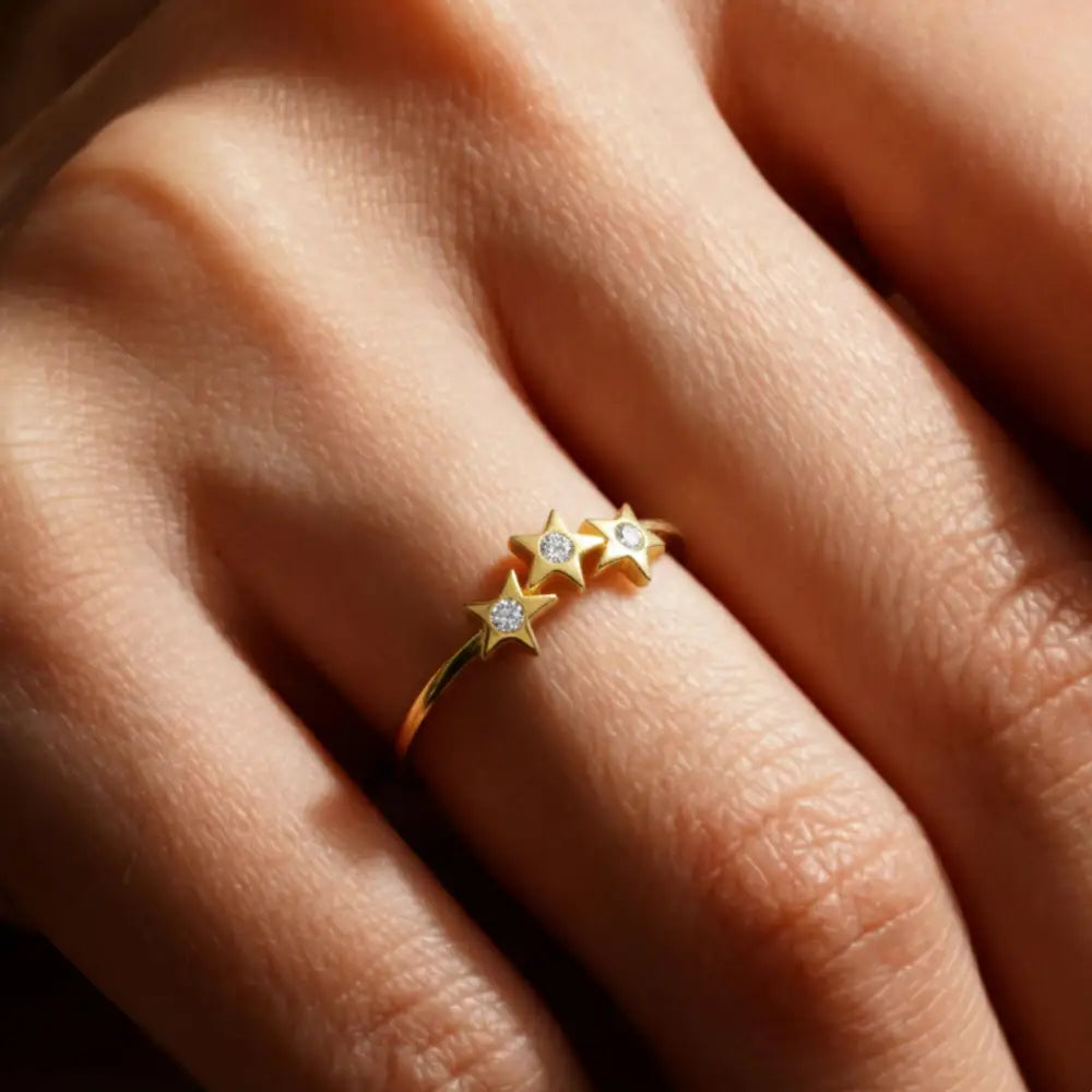 14K Gold Star Ring Three CZ Stone Accent Stars Elegant Adjustable Jewelry for Women