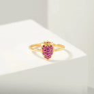 14K Gold Strawberry Ring Red Gemstone Pavé Handmade Fruit Jewelry Sweet Dainty Gift