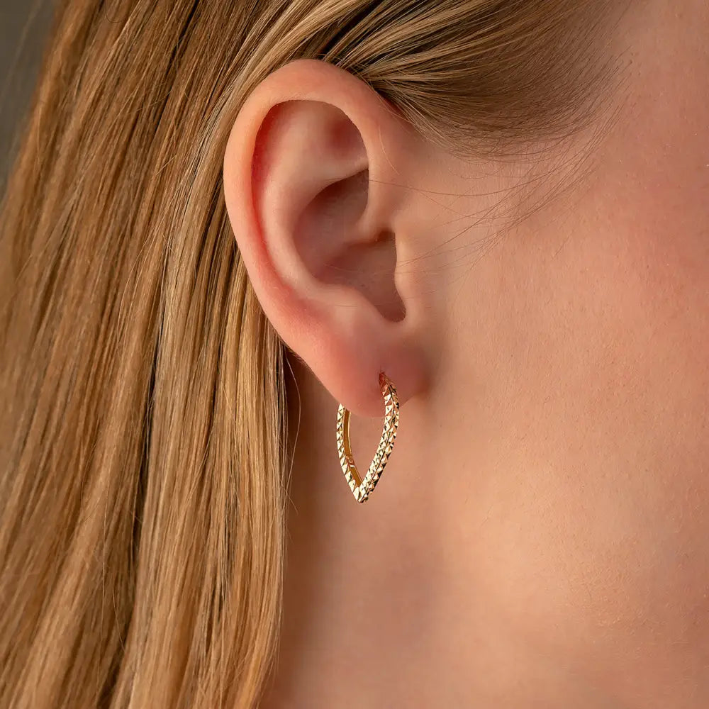 14K Gold Teardrop Triangle Hoop Earrings – Hinged Huggies Diamond Cut - Hoop Earrings
