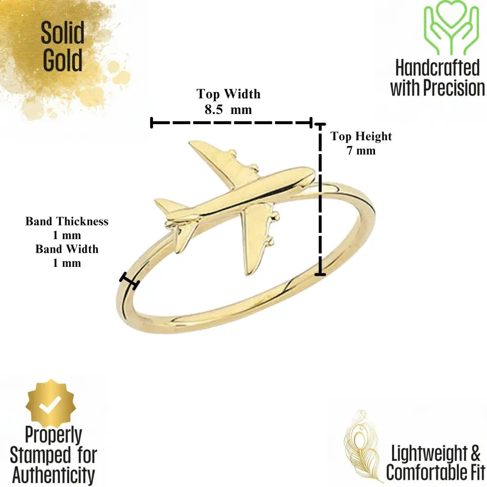 14K Handmade Airplane Ring Unique Gold Travel Lover’s Design with Polished Finish