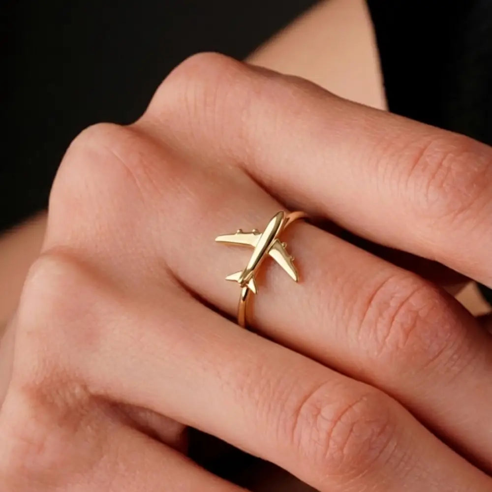 14K Handmade Airplane Ring Unique Gold Travel Lover’s Design with Polished Finish