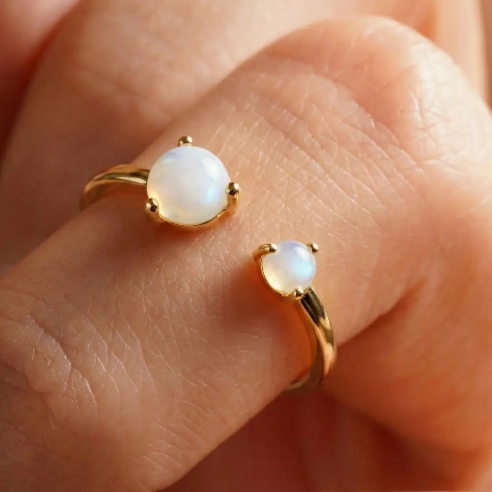 14K Handmade Double Moonstone Open Ring Adjustable Gold Band with Natural Iridescent Gemstones