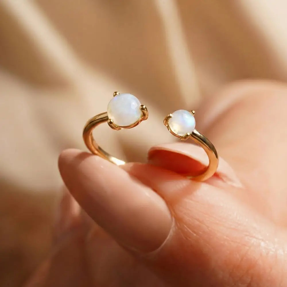 14K Handmade Double Moonstone Open Ring Adjustable Gold Band with Natural Iridescent Gemstones