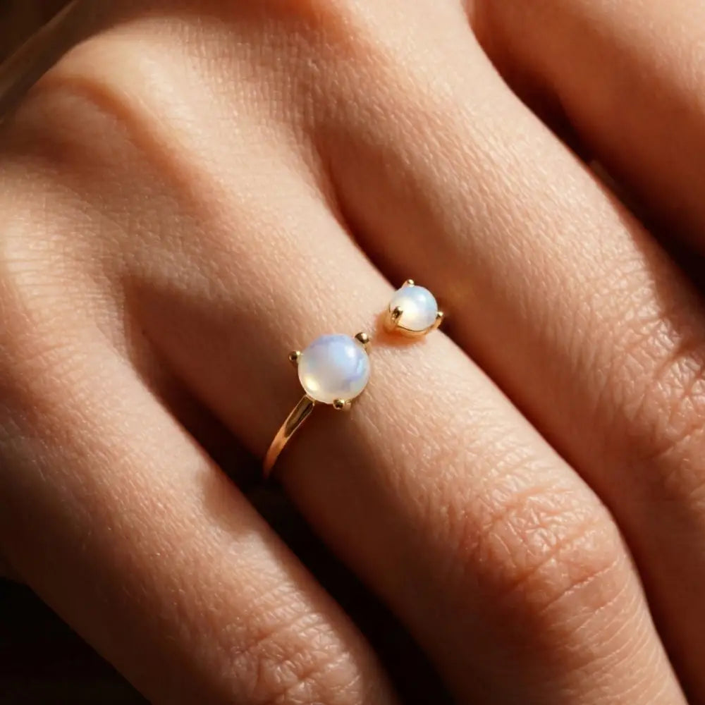 14K Handmade Double Moonstone Open Ring Adjustable Gold Band with Natural Iridescent Gemstones