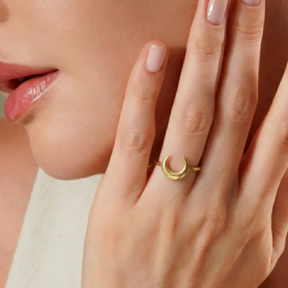 14K Handmade Gold Crescent Moon Ring Minimal Celestial Design with Elegant Curved Silhouette