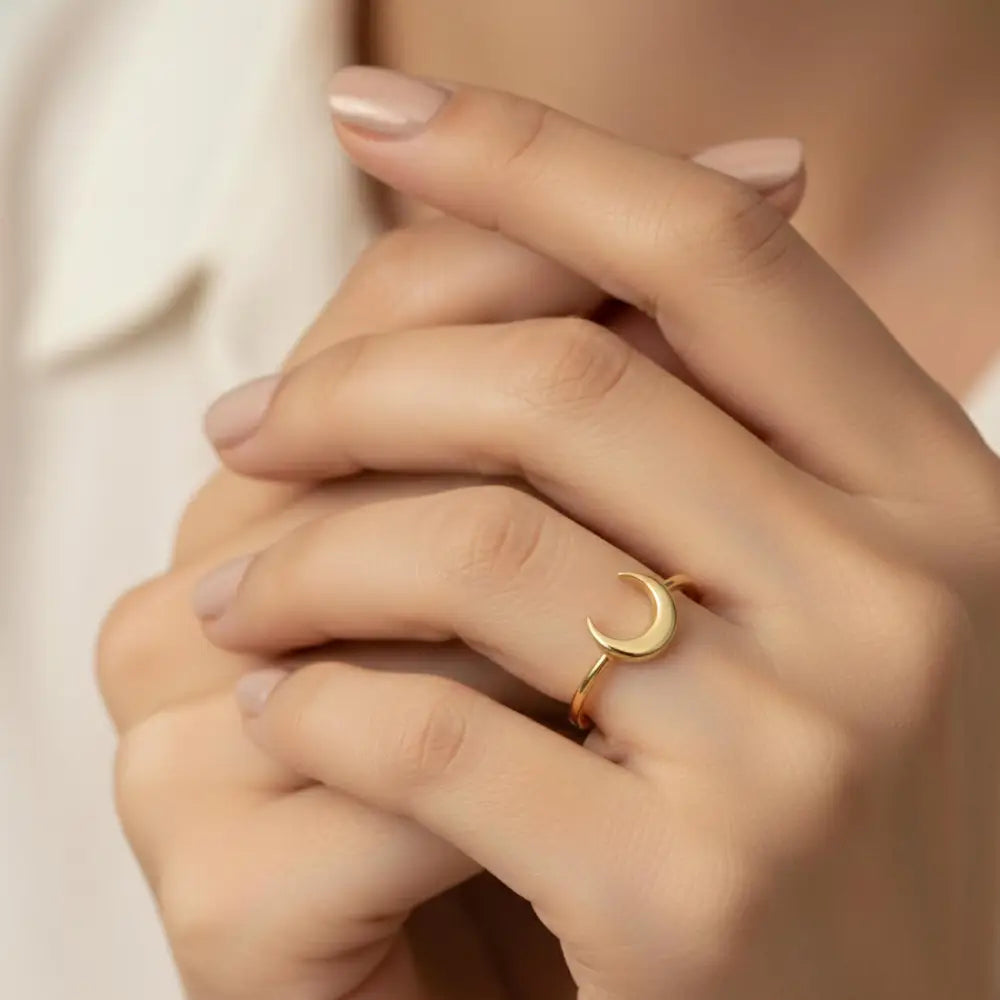 14K Handmade Gold Crescent Moon Ring Minimal Celestial Design with Elegant Curved Silhouette