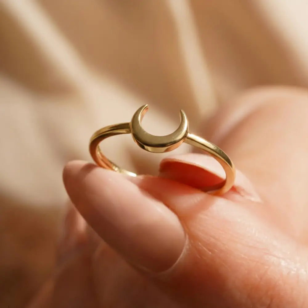 14K Handmade Gold Crescent Moon Ring Minimal Celestial Design with Elegant Curved Silhouette
